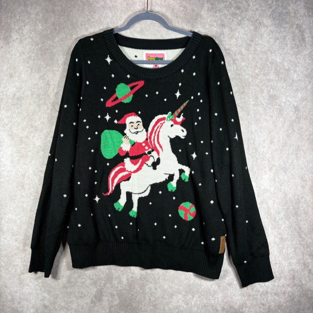 Tipsy Elves Sweater XL Black Santa Riding Unicorn Space Ugly Holiday Christmas